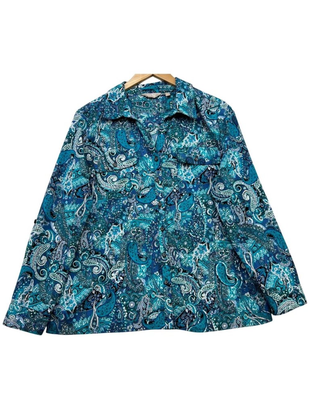 Coral Bay Women's Button-Down Blouse Long Sleeve Size Large Blue White Paisley